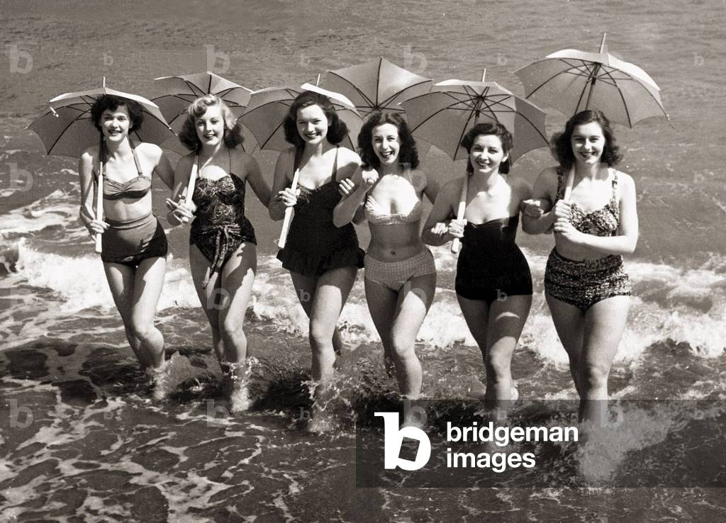 Girls from the show Revels of 1951 splashing in the sea at Sandown Isle of Wight