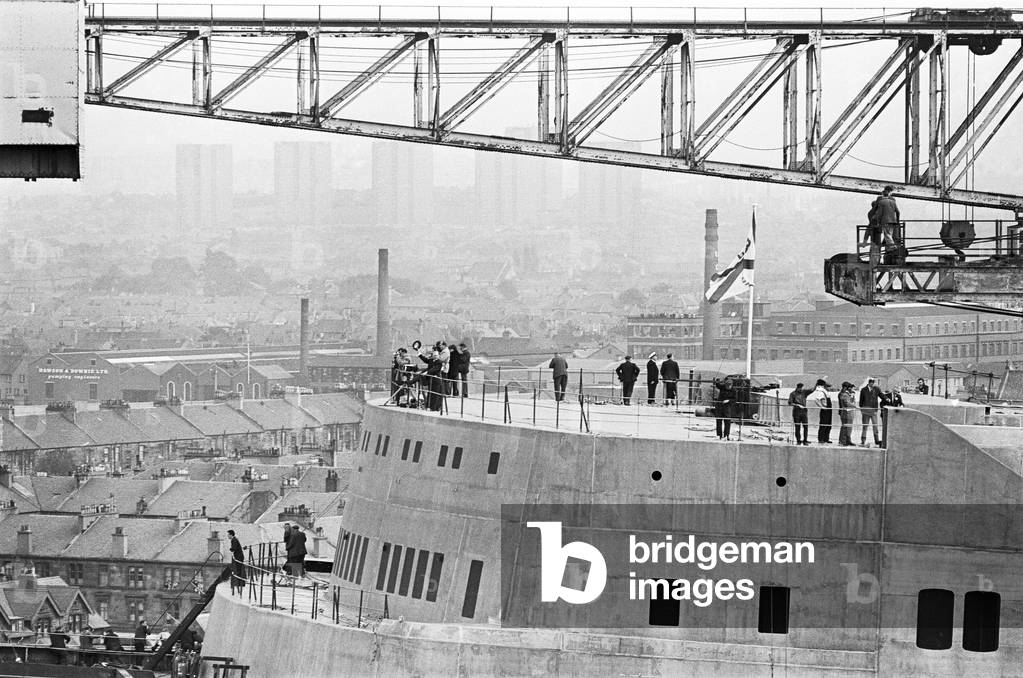 Queen Elizabeth II launching the Cunard Cruise Liner, The QE2 in the Clyde, 20th September 1967 (b/w photo)