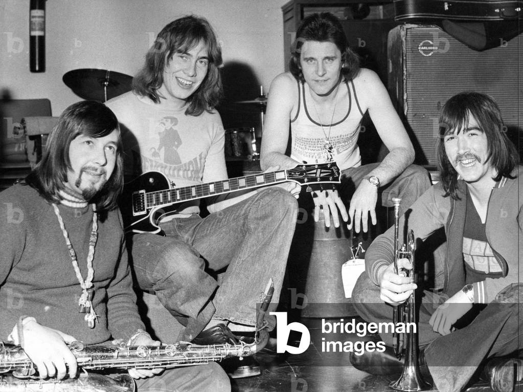 North East band The Days (L to R) Mickey Deans, Bob Gorman, Bill Brown and Tommy Ross at the Manors Club in Newcastle 5 April 1975 (b/w photo)