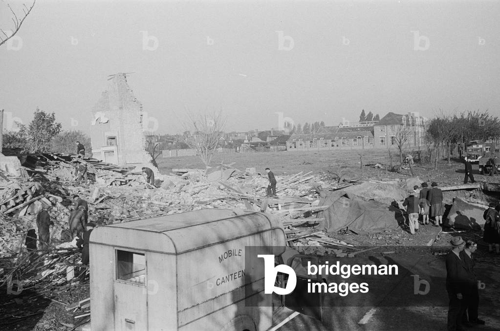 The aftermath of V2 explosion, 8th September 1944 (b/w photo)