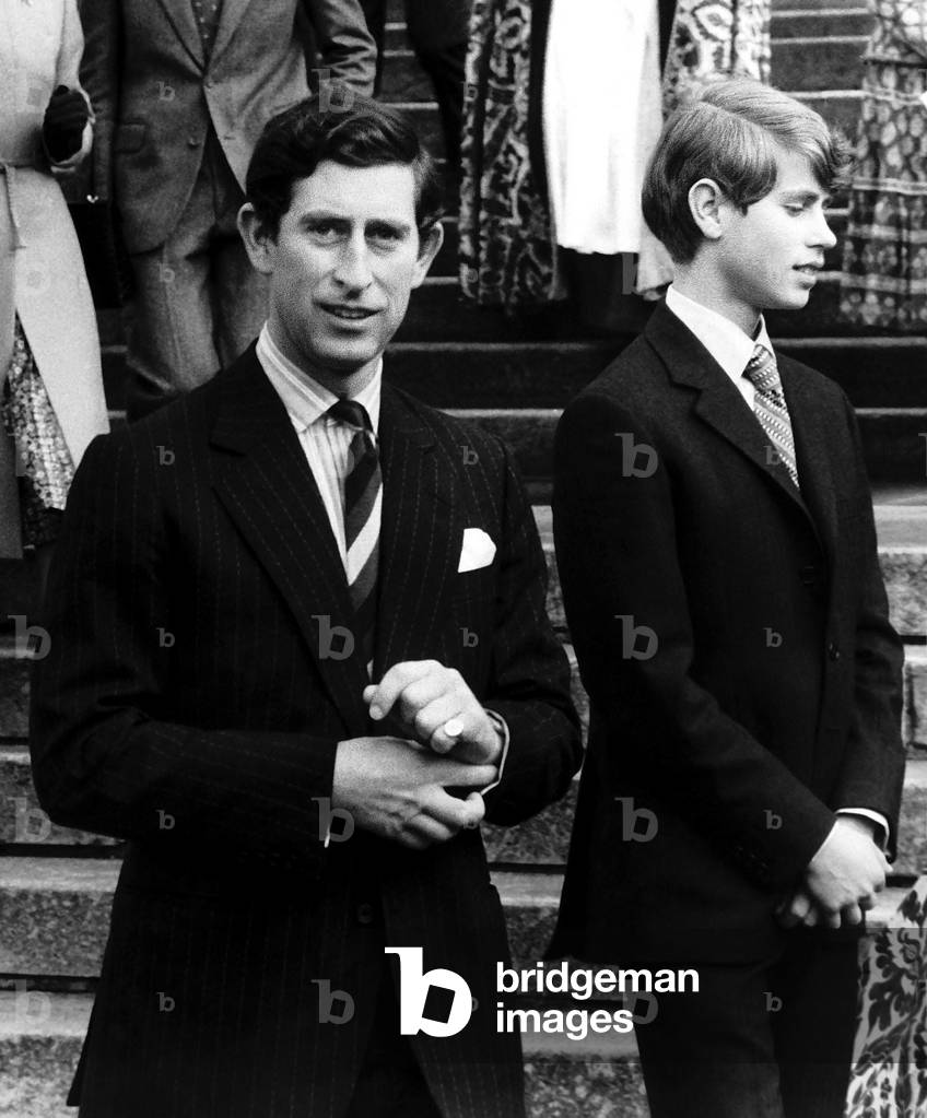 Prince Charles (Future Charles III) and Prince Edward leaving St. George's Chapel at Windsor, 1978 (b/w photo)