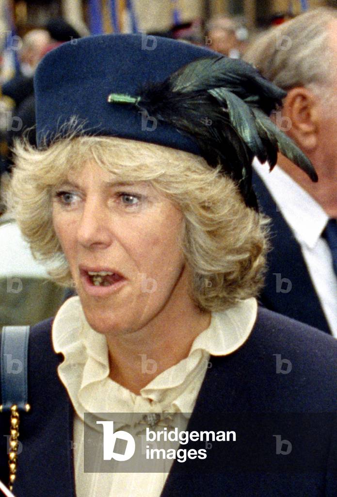 Camilla Parker Bowles seen here leaving Westminster Abbey following a service of remembrance for El Alamein. The service was also attended by Prince Charles and Princess Diana, 14th October 1992 (b/w photo)