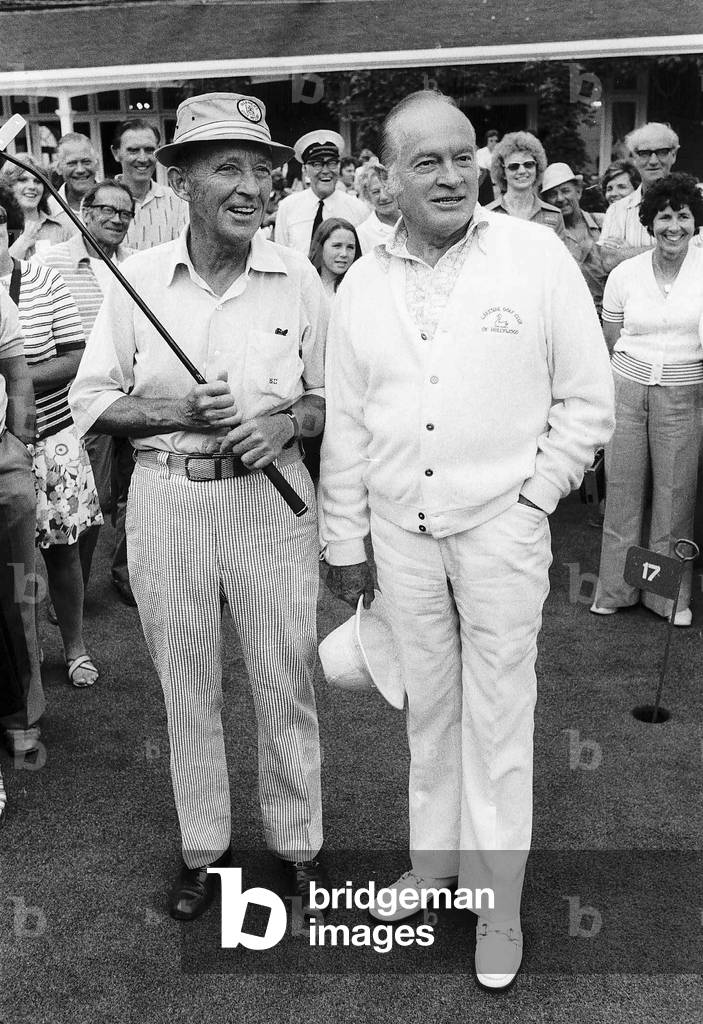 Bob Hope Veteran Comedy Actor with fellow star Bing Crosby for a game of golf at Sunningdale golf course in Berkshire they teamed up with women golfers for a pro-am preliminary to the Colgate Women's Open 1975