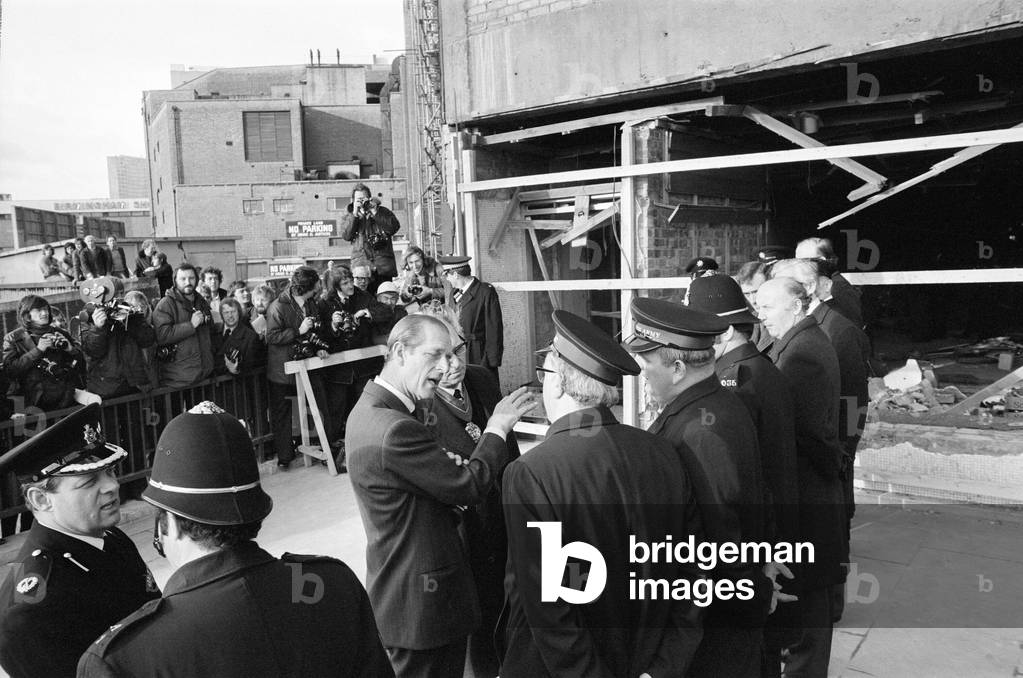 Prince Philip, Duke of Edinburgh visits the Mulberry Bush pub, one of the scene's of the Birmingham Pub Bombings., 25th November 1974 (b/w photo)