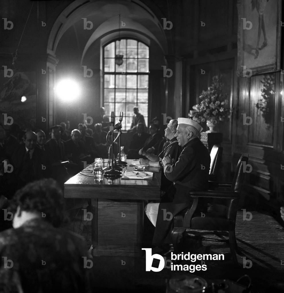 Pandit Jawaharlal Nehru at his press conference held at India House during his visit to the United Kingdom, March 1961 (b/w photo)