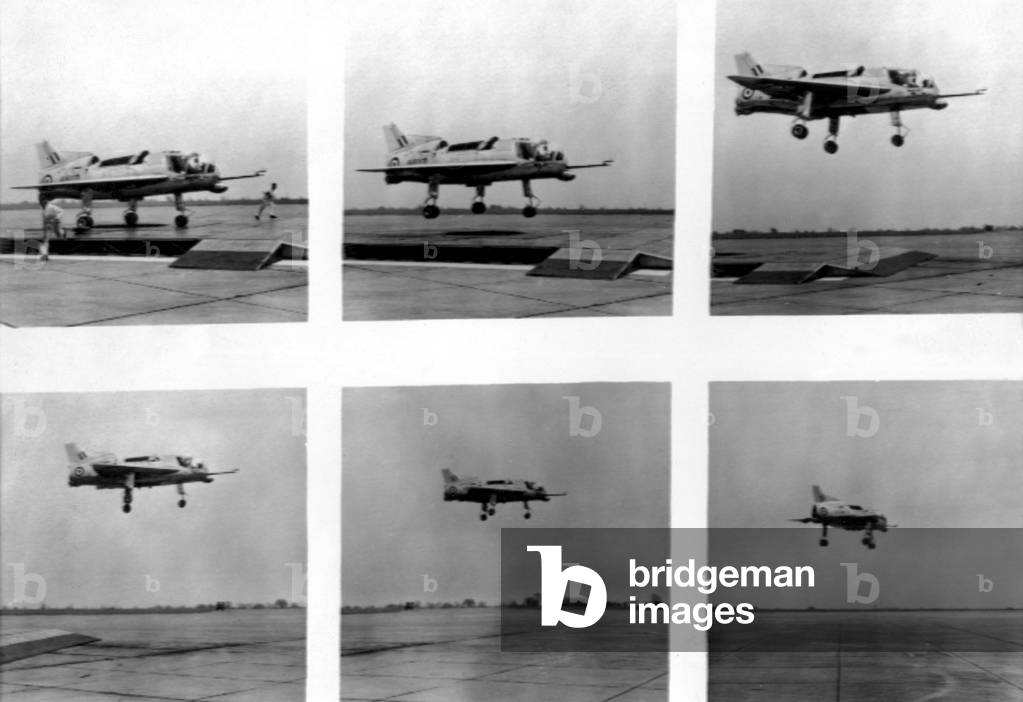 The Short SC1 vertical take off research jet aircraft pictured in sequence from vertical take off to transition to horizontal flight. 6th April 1960 (b/w photo)