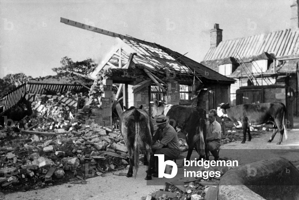 Farm with bomb damage at Allington near Chippenham, Wilts, October 1940 (b/w photo)