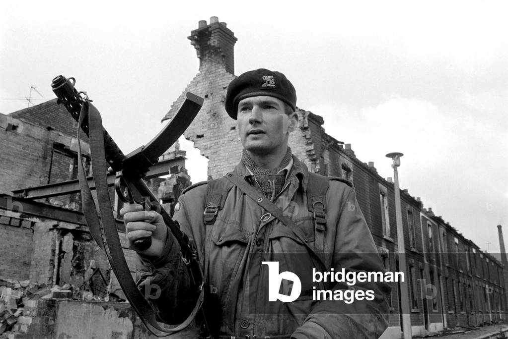British army Soldiers seen here on patrol in the Falls Road area of Belfast, Northern Ireland.
