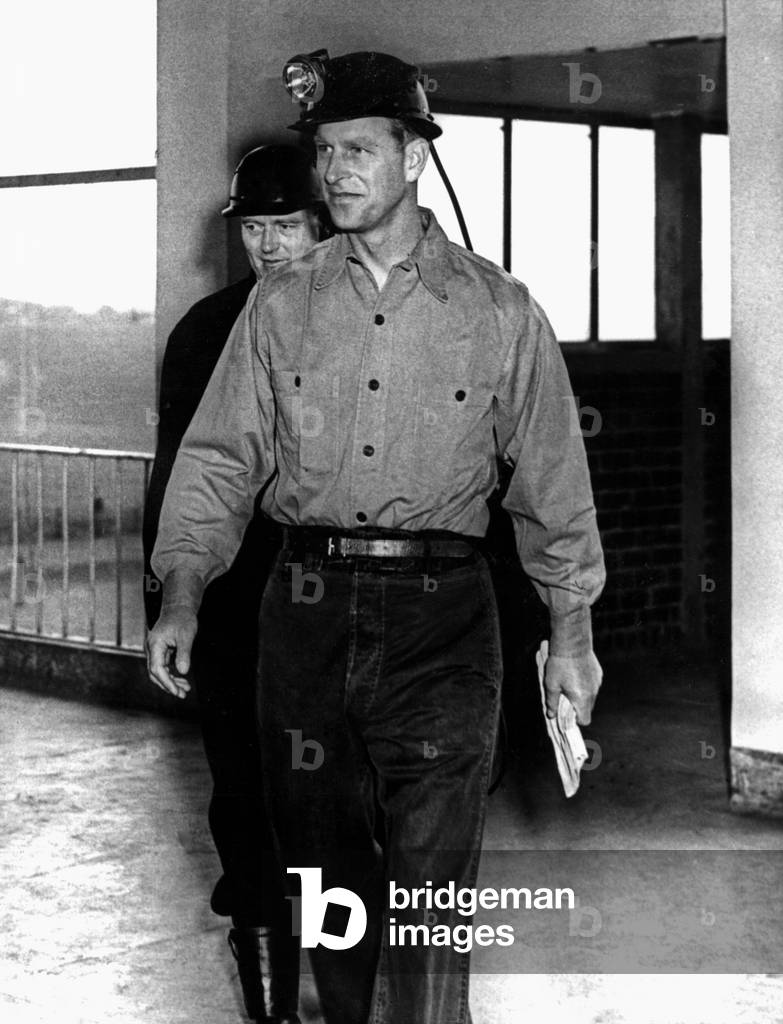 Prince Philip, Duke of Edinburgh, in mining clothes on a visit to Rothes Colliery, Scotland, 1950 (b/w photo)