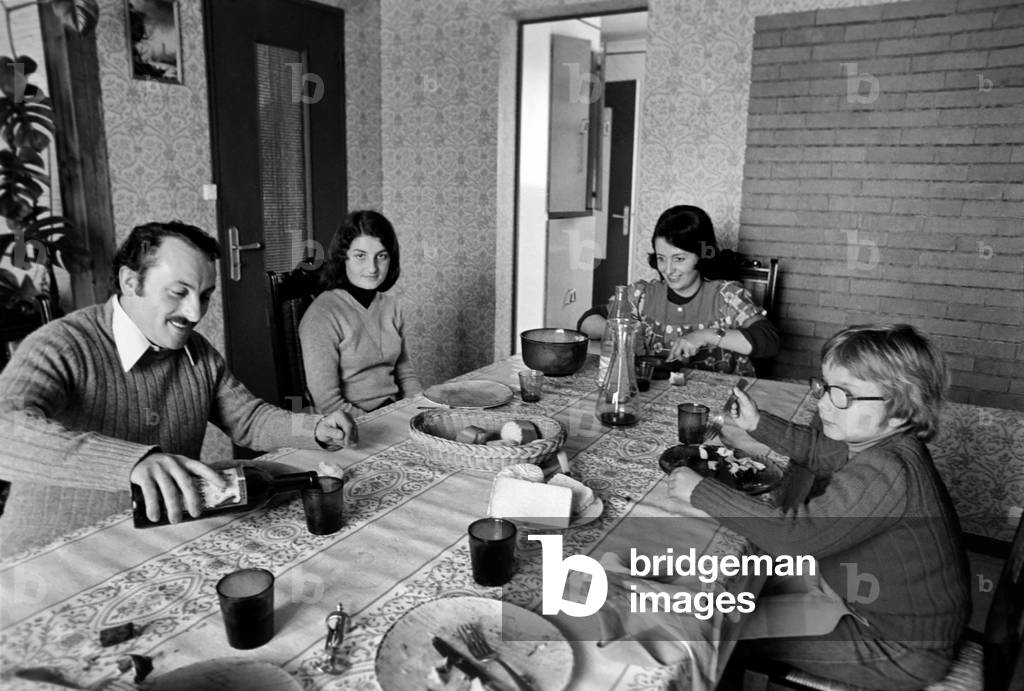 Mr. Irene Quaranta 39, with wife Maria 36, daughter Marie 15 and son Jean-Luc aged 8, April 1975 (b/w photo)