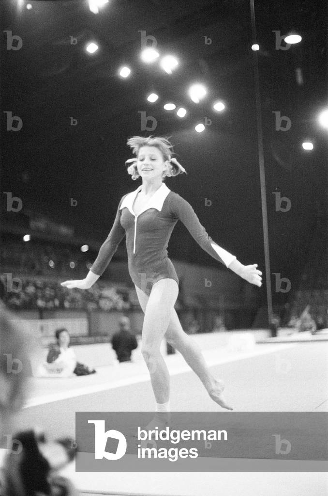 Olga Korbut training ahead of the Daily Mirror Sponsored Gymnastics World Cup at the Empire Pool, Wembley, 28th October 1975 (b/w photo)
