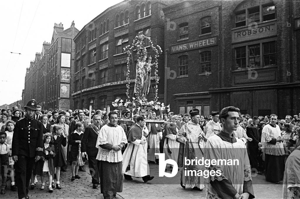 Italian Parade in 'Little Italy' honouring Our Lady of Mount Carmel, Clerkenwell, London, c. 1948 (b/w photo)