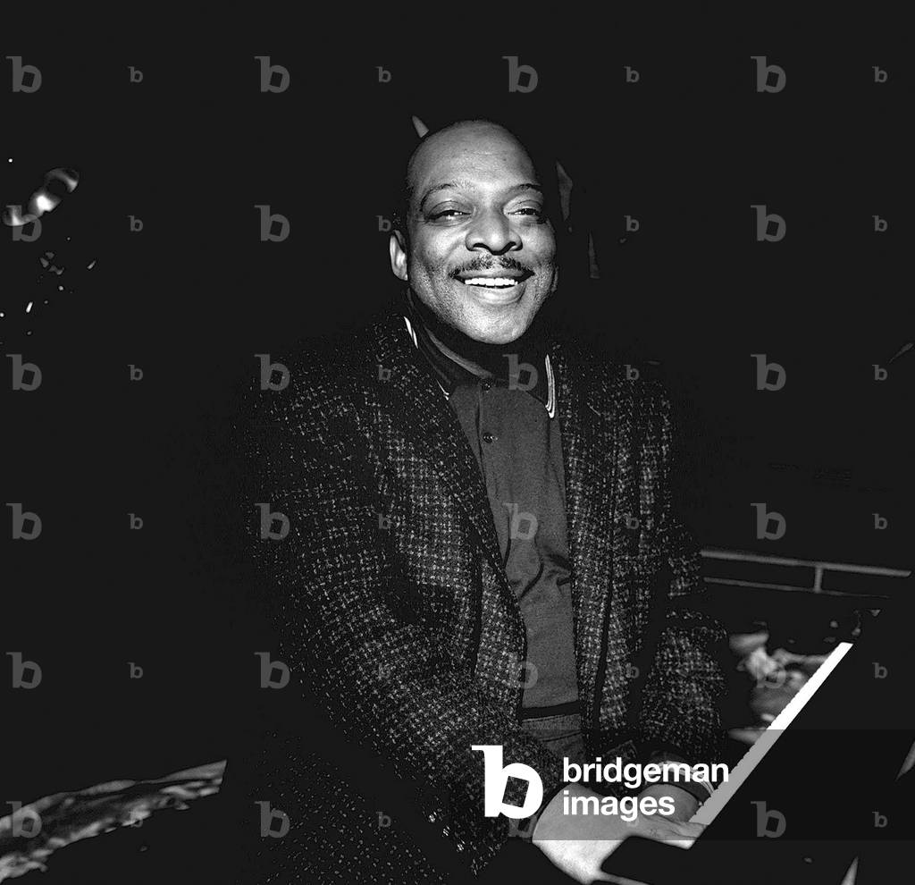 Jazz Pianist Count Basie at a photocall at the Royal festival Hall, April 1957 (b/w photo)