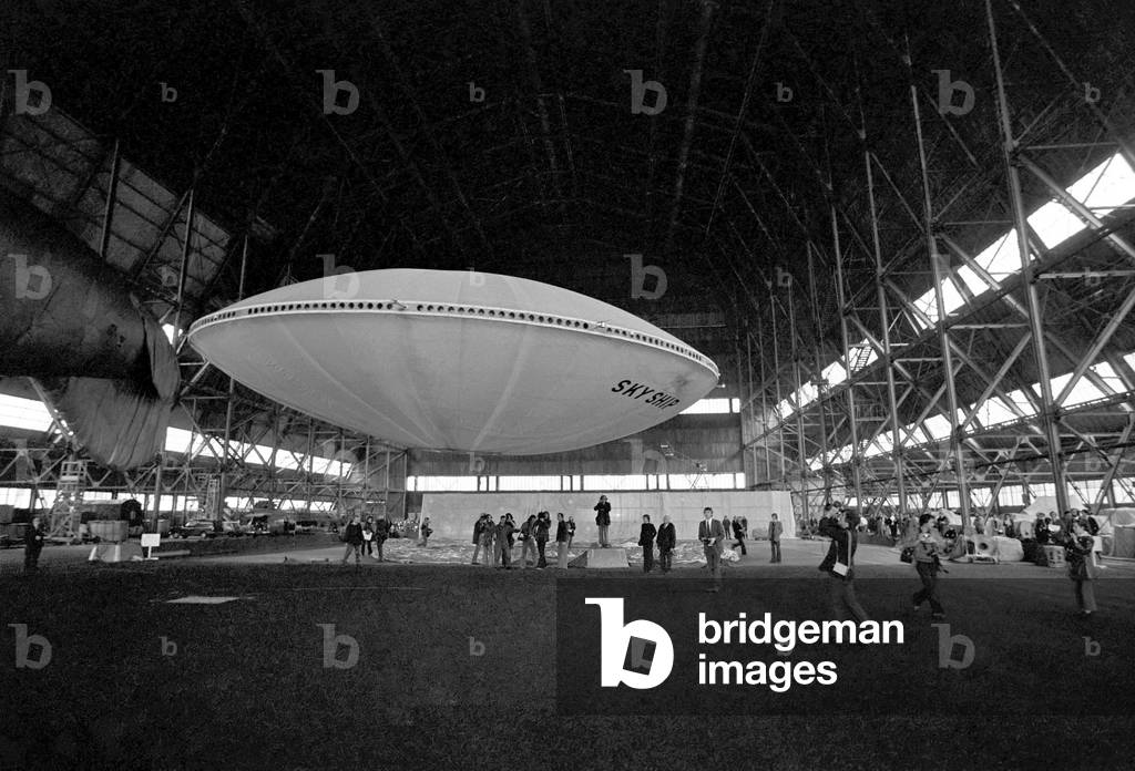 Very quietly, the worlds first flying Saucer, or Sky ship as its designers prefer to call it, eased itself into the air, and science fiction became science fact, April 1975 (b/w photo)