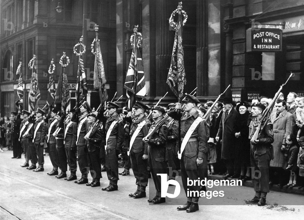 A march past by the Royal Northumberland fusiliers on St. George's Day, c.1930