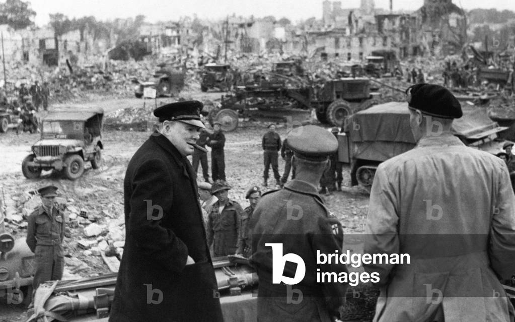 Field Marshal Bernard Montgomery with Prime Minister Winston Churchill during a tour of the Normandy beach head, following the invasion of Northern France by Allied forces in June 1944 (b/w photo)