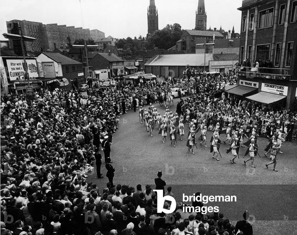 Coventry Pageant seen here parading through the centre of the city. 6th July 1962 (b/w photo)