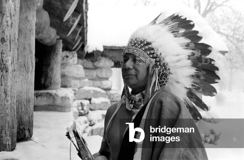 Native American Echohawk, seen here in a snowy Hyde Park. The warrior who found peace with a sketch book is in London for an exhibtion of his work. January 1970