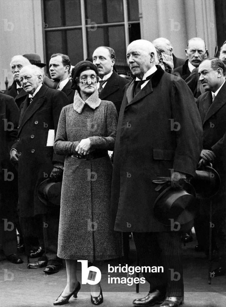 The Countess of Oxford and Asquith at the Unveiling by Stanley Baldwin of a statue of the Late Marquis Curzen of Keddleston in the gardens of Carlton House Terrace. The statue is near the late London Curzen's house.