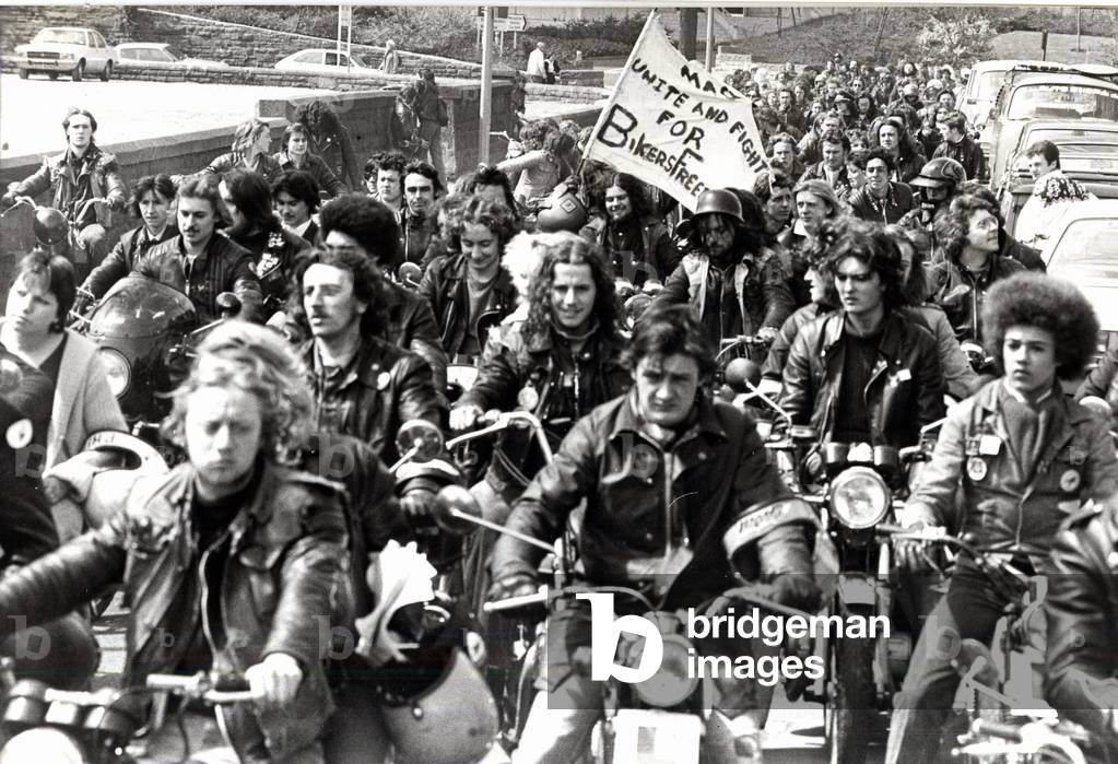 Bikers - Almost 400 motorcyclists took part in a protest outside Cardiff Prison organised by the Motor Cyclist Action Group to protes the imprisonment of one of theri members Phil Edwards of Roath, Cardiff. The motor cyclists are pictured arriving at the prison - 12th May 1979 (b/w photo)