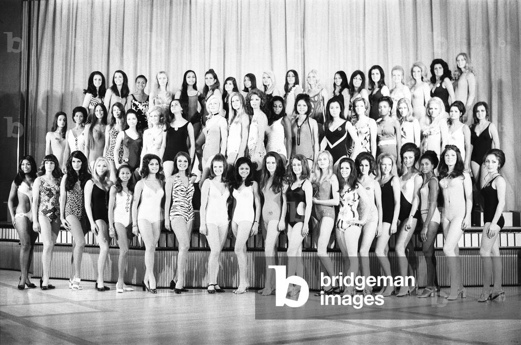 Miss World Contestants line up for the press a week before the competition. 13th November 1970 (b/w photo)