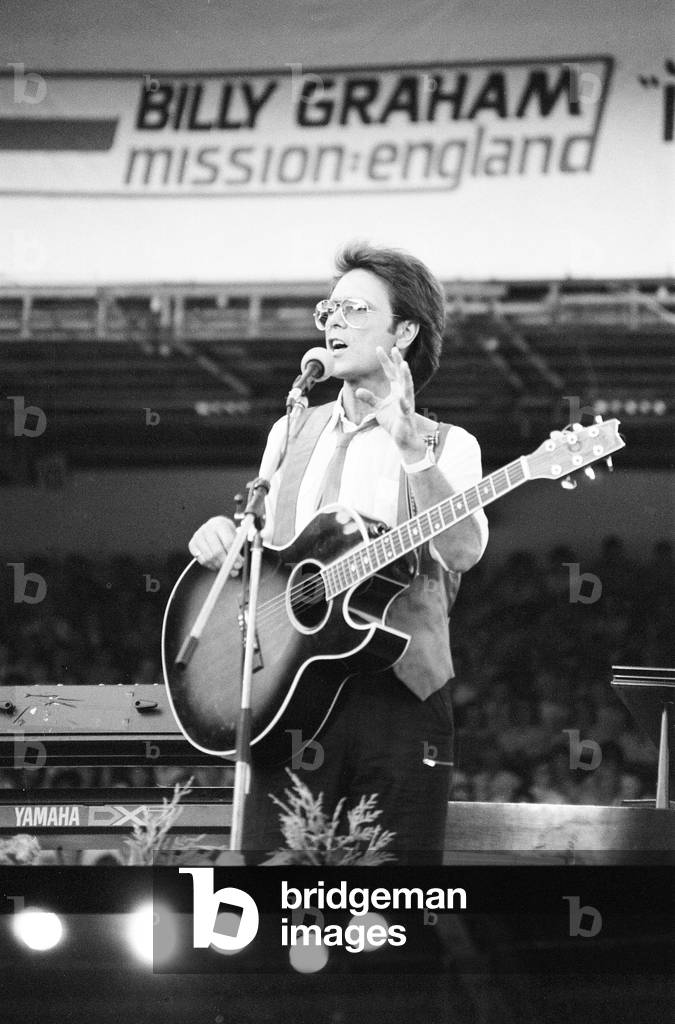 Billy Graham, American Christian evangelist, Mission England Crusade, Villa Park, Birmingham, 6th July 1984 (b/w photo)