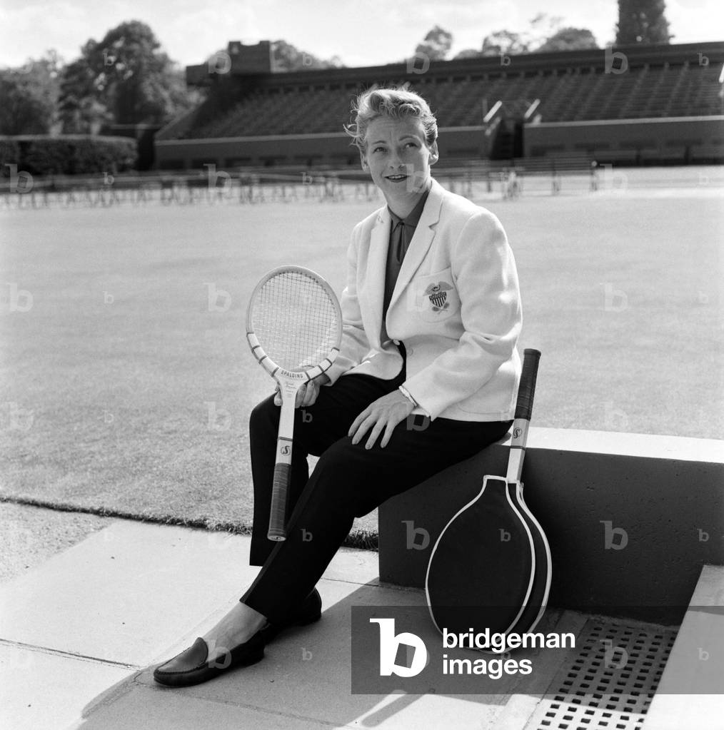 Darlene Hard the American tennis star photographed at Wimbledon today, 7th June 1960 (b/w photo)