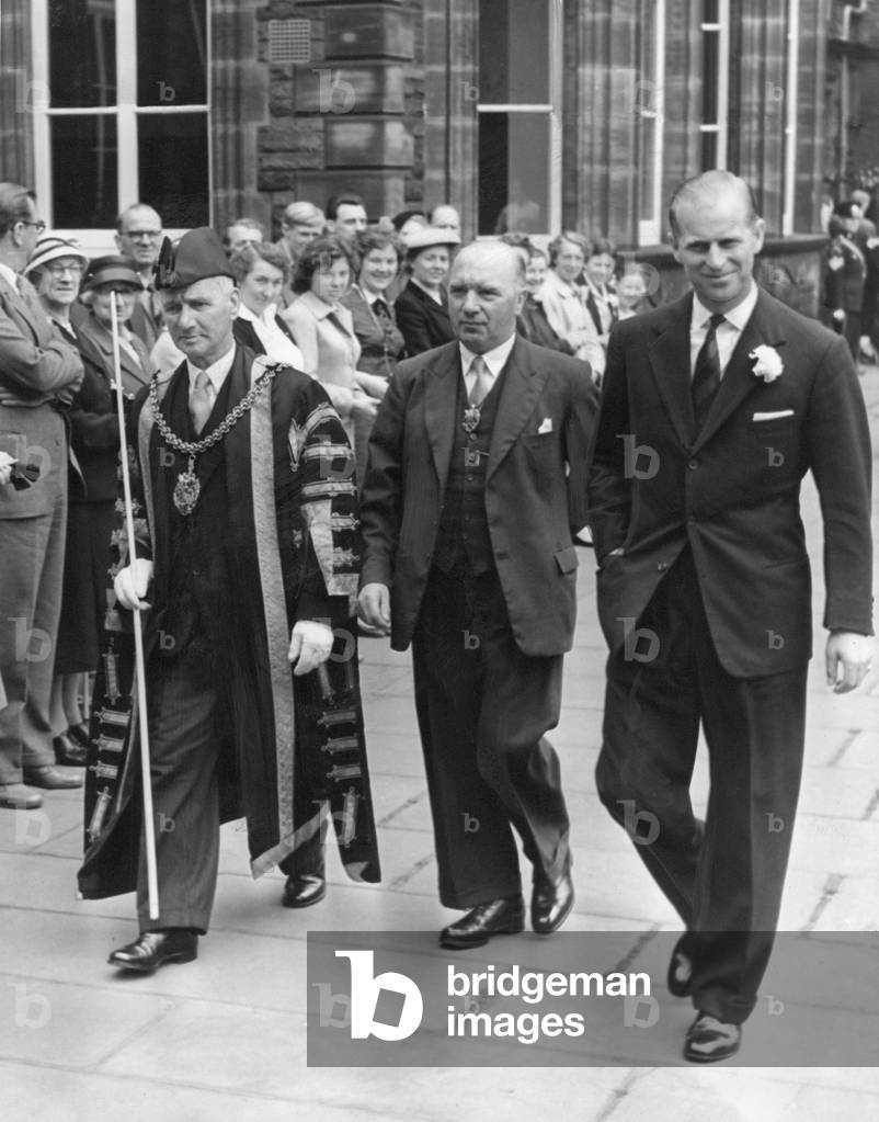 Prince Philip, Duke of Edinburgh, visits the town of Carlisle, with Mayor Irving Burrow and Alderman Ritson Graham at Tullie House Museum and Art Gallery, 08/07/1958