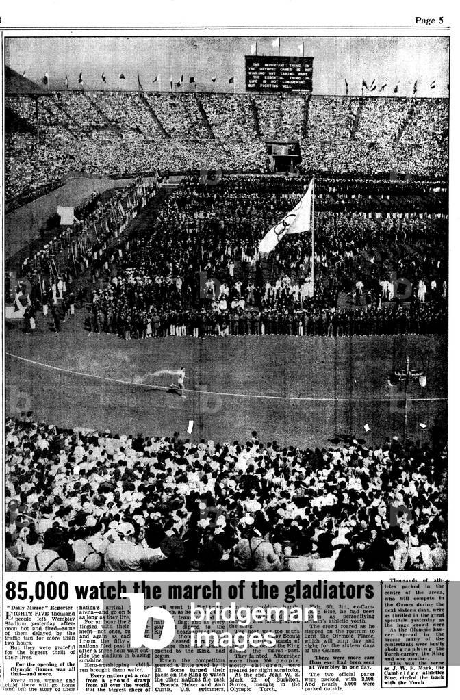 Newspaper coverage of the London Olympics 1948. Opening Ceremony. Published: 30th July 1948 (b/w photo)