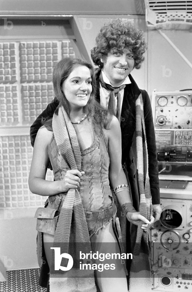 Dr. Who actor Tom Baker seen here with his new assistant played by Louise Jameson, October 1976 (b/w photo)