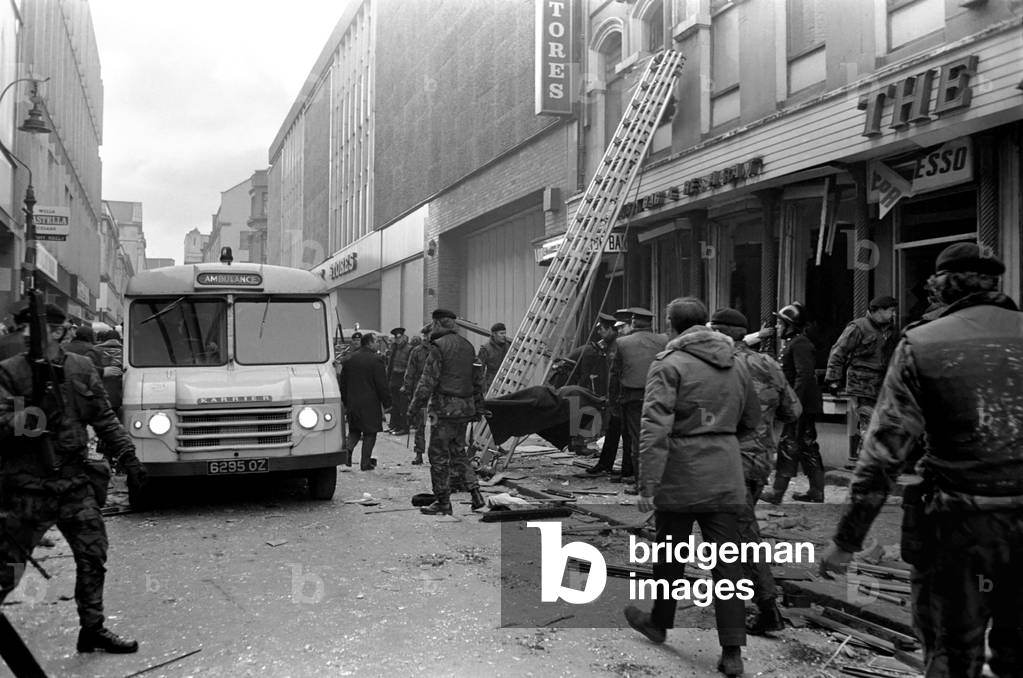 Northern Ireland March 1972. Police, army and fire service attend the scene of the Abercorn bombing in Belfast. March 1972 72-7566-001