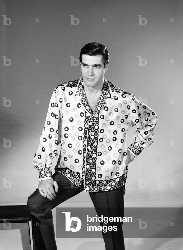 Male model Peter Christian wearing silk shirt, c. 1964 (b/w photo)