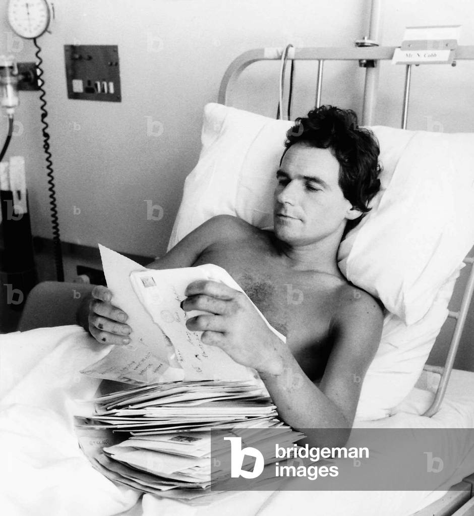 Barry Sheene motor cyclist recovering in hospital where he needed 26 steel pins inserted into his shattered legs after a tragic motor cycle accident, c.1975 (b/w photo)