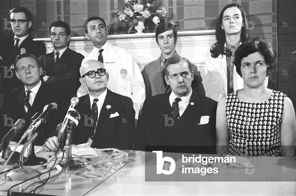 News press conference after Britain's first heart transplant was successfully carried out (3rd May) by a team of 18 doctors and nurses at the National Heart Hospital in Marylebone, London. Pictured Saturday 4th May 1968 (b/w photo)