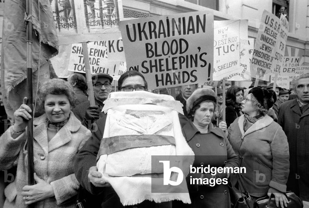 Demonstrators outside the T.U.C. offices in central London, demonstrating against the visit of Alexander Shelepin, Russian union leader and former head of the K.G.B, April 1975 (b/w photo)