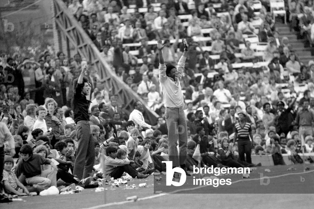 England vs. West Indies. West Indian fans cheer their team, July 1973 (b/w photo)