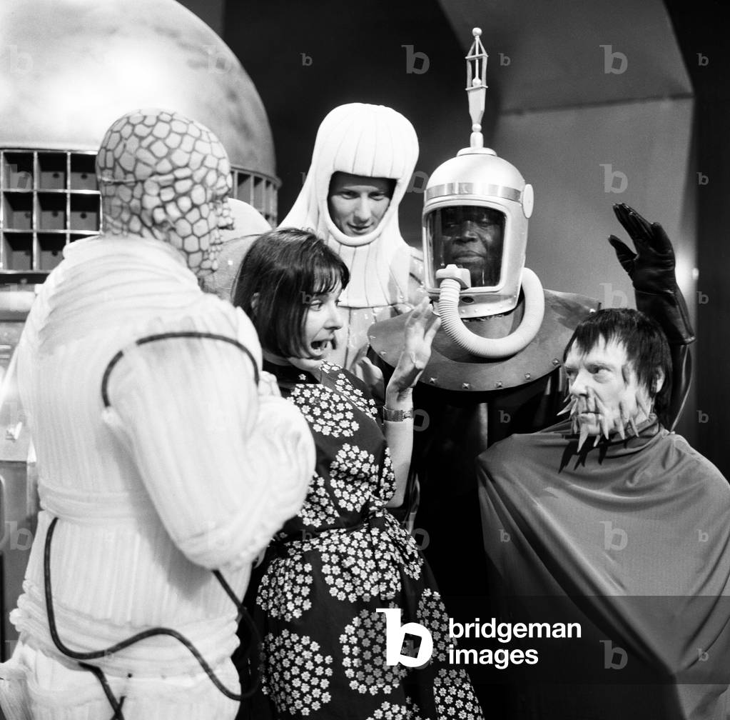 Verity Lambert on the set of Doctor Who, where 'The Beasts from UGH (United Galactic Headquarters) was being filmed. Producer Verity is scared by her own creations. 6th August 1965.