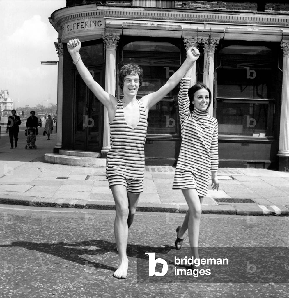 A couple model psychedelic underwear in Knightsbridge, May 1967 (b/w photo)