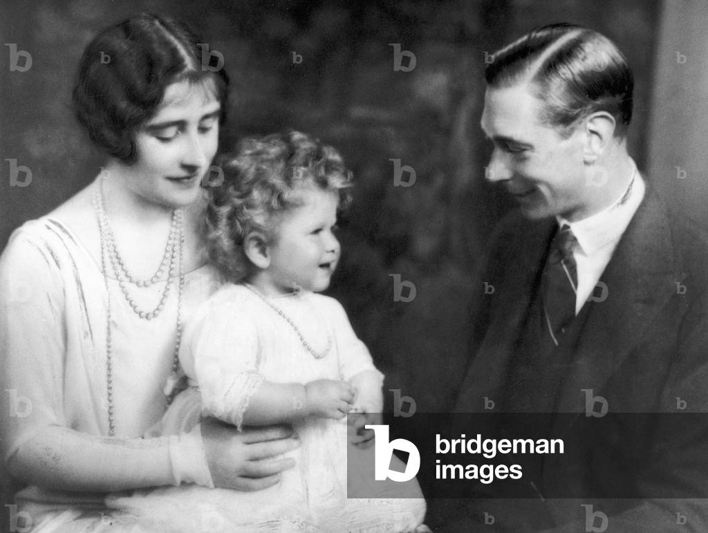 The Duke and Duchess of York with Princess Elizabeth 1928 (b/w photo)