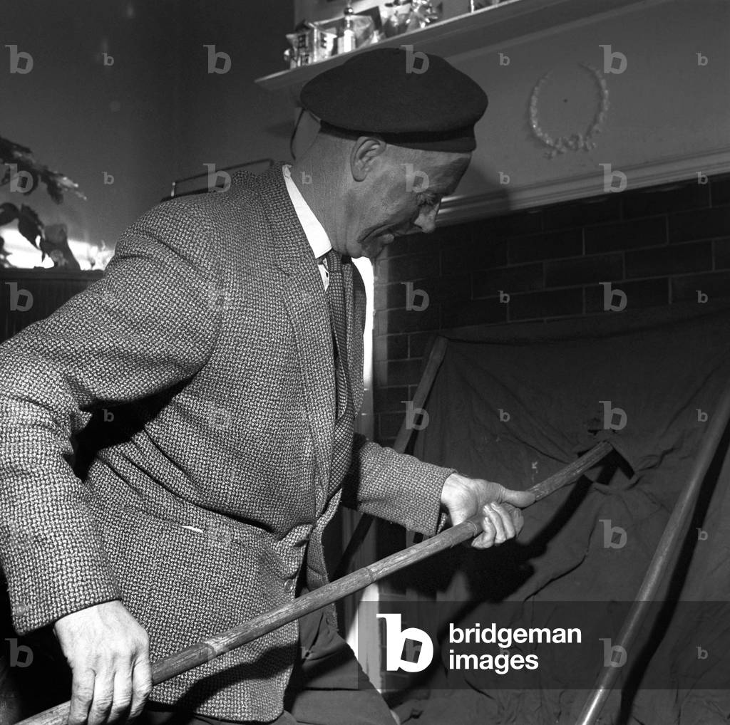 Chimney sweep (Ronald Neal) seen here at work, 1967 (b/w photo)