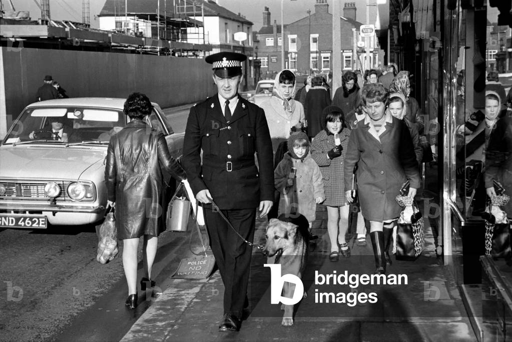 Police man and dog search for a man on the run at Droylsden. 
December 1969