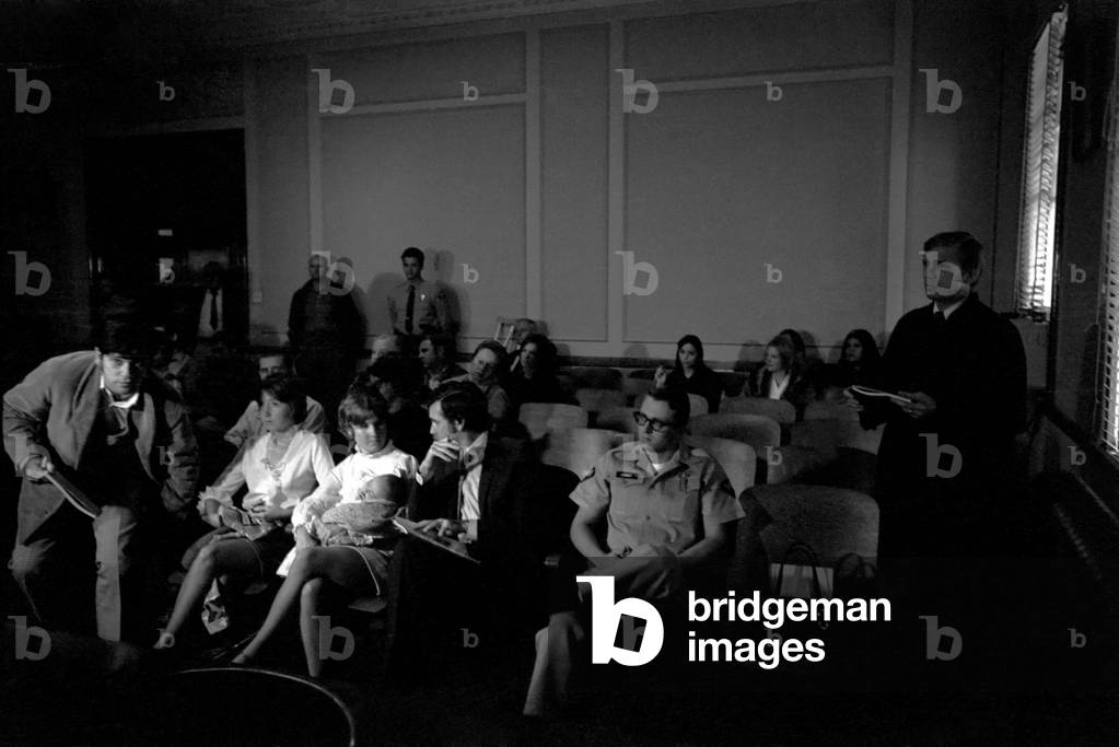 Accused murderer being led to and from court house in Inyo County, California. He is Charles Miller Manson, aged 34 years. 
05/12/ 1969
