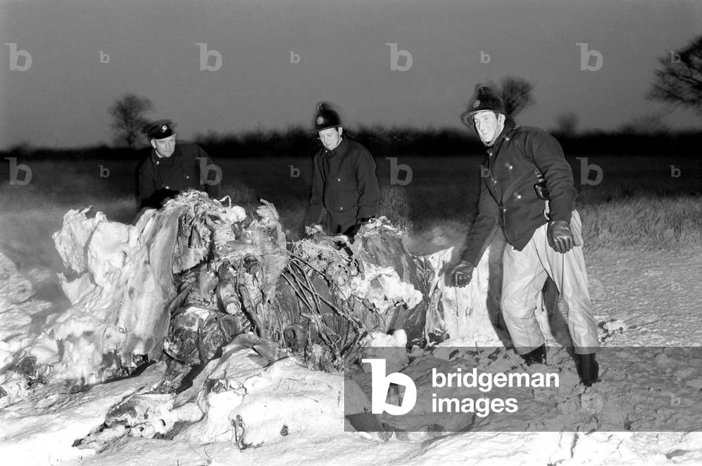 Red Arrows crash near Hatton. Rescue workers surveying the wreckage after the accident, 17th December 1969 (b/w photo)