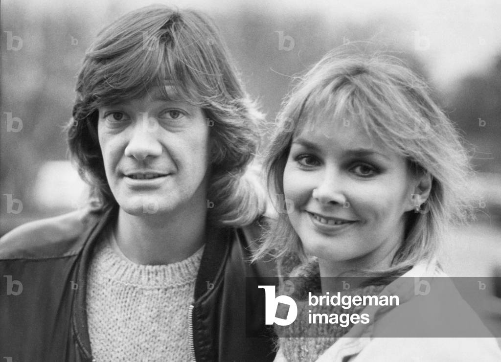 Members of Bucks Fizz - Cheryl Baker with Fiance Adrian Sheppard at Gosforth Park Hotel in Newcastle, 1980 (b/w photo)