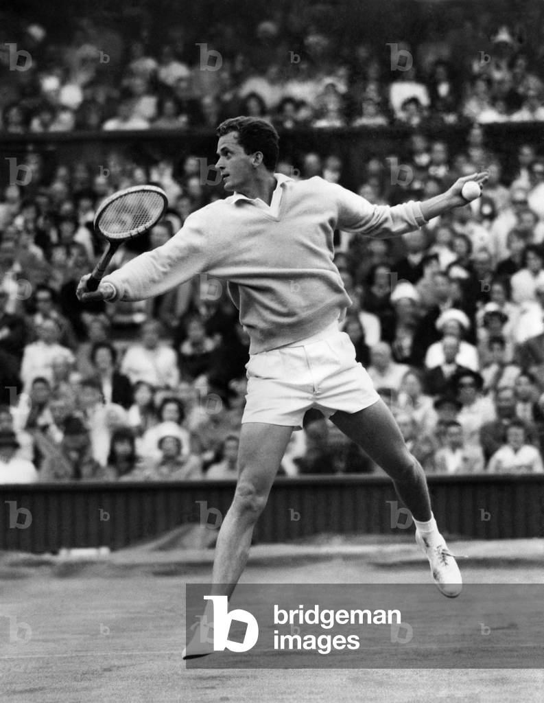 Wilhelm Bungert of Germany who beat Mike Sangster, the big British hope, in three straight sets in the first round of Wimbledon, June 1963 (b/w photo)