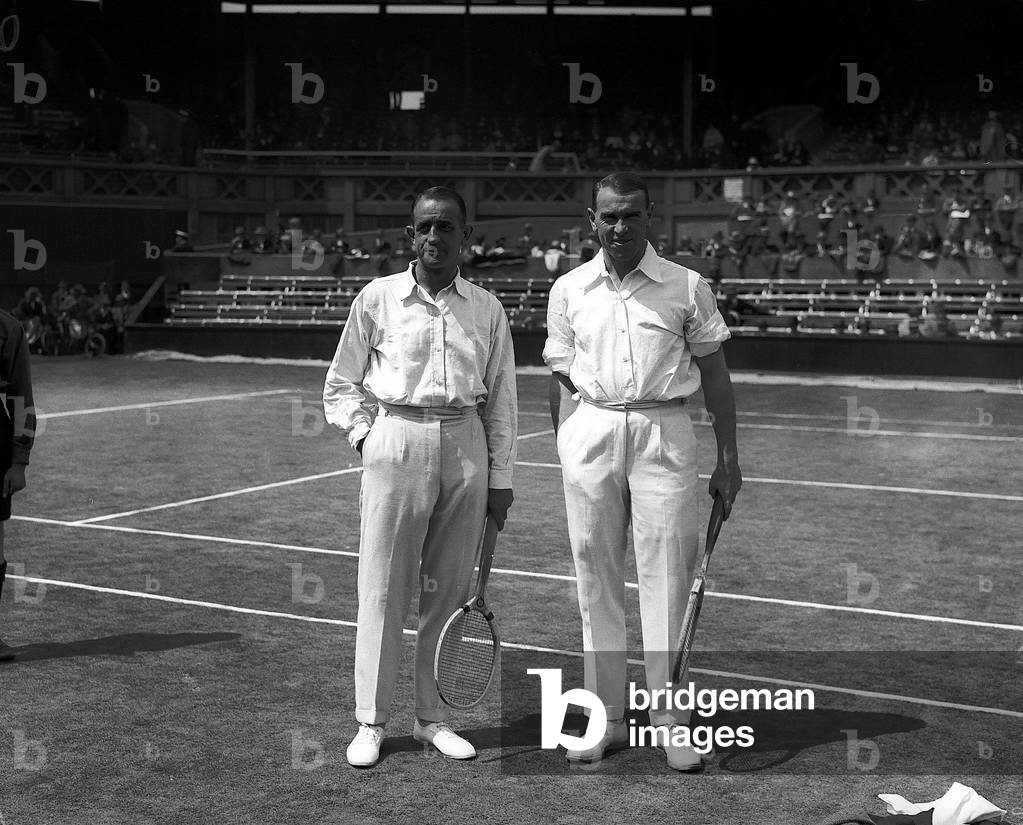 G Patterson and R Lycett before their match on the centre court at Wimbledon, 26/06/1928 (b/w photo)