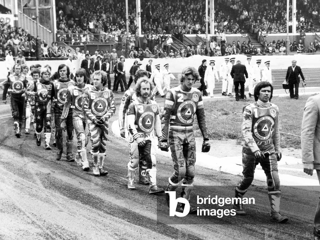 The Belle Vue Aces, a speedway team, at the Belle Vue Speedway, Manchester, 15th July 1978 (b/w photo)