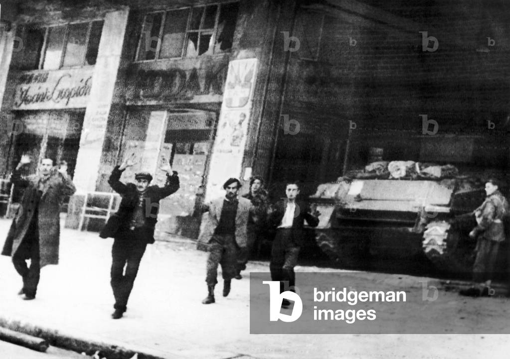 Fighting partisans of Greece, holding out in the EAM building in Athens, taken prisoner by British paratroopers during the Second World War., c, December 1944 (b/w photo)