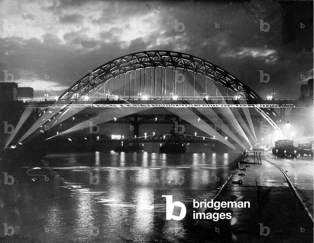The Tyne Bridge illuminated at night c.1969 (b/w photo)