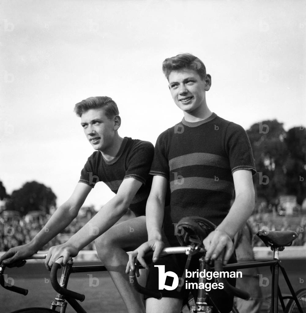 Racing Cyclists Twins. Stanley and Bernard Higginson with their bicycles. June 1952 C3130